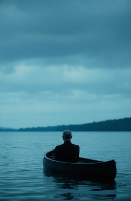 A serene blue side of a lake under a very gray cloudy sky, showcasing the stillness of nature