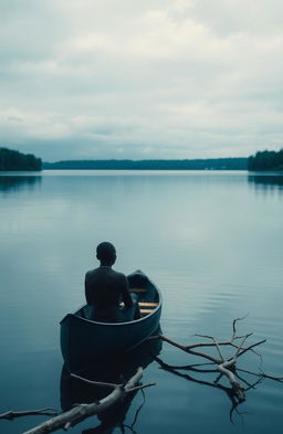 A serene blue lake under a very gray, cloudy sky