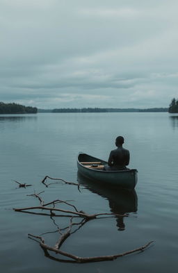 A serene blue lake under a very gray, cloudy sky