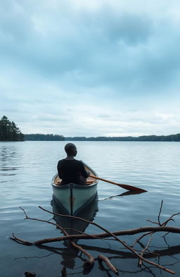 A serene blue lake under a very gray, cloudy sky