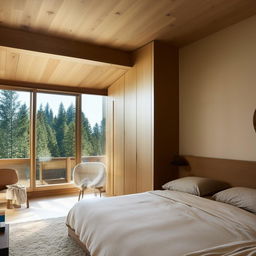 Cozy and modern bedroom interior with neutral tones, wooden furnishings, and a large window letting in natural light.