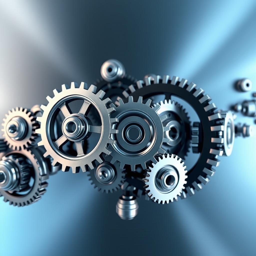 A dynamic and engaging video transition sequence showcasing various mechanical elements, including gears, cogs, and pistons smoothly interlocking and shifting to create a fluid visual transition