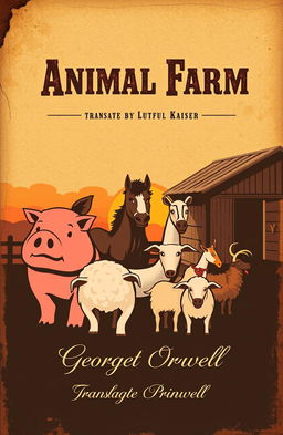 A cover design for a book titled 'Animal Farm' by George Orwell, translated by Lutful Kaiser
