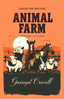 A cover design for a book titled 'Animal Farm' by George Orwell, translated by Lutful Kaiser