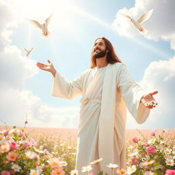 A serene and uplifting scene of Jesus Christ with open arms, radiating warmth and kindness, standing in a beautiful landscape filled with blooming flowers and gentle sunlight