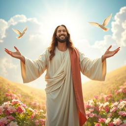 A serene and uplifting scene of Jesus Christ with open arms, radiating warmth and kindness, standing in a beautiful landscape filled with blooming flowers and gentle sunlight