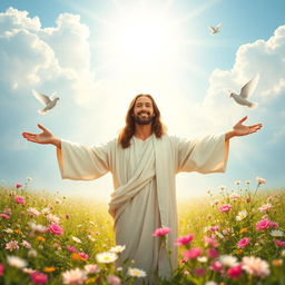 A serene and uplifting scene of Jesus Christ with open arms, radiating warmth and kindness, standing in a beautiful landscape filled with blooming flowers and gentle sunlight