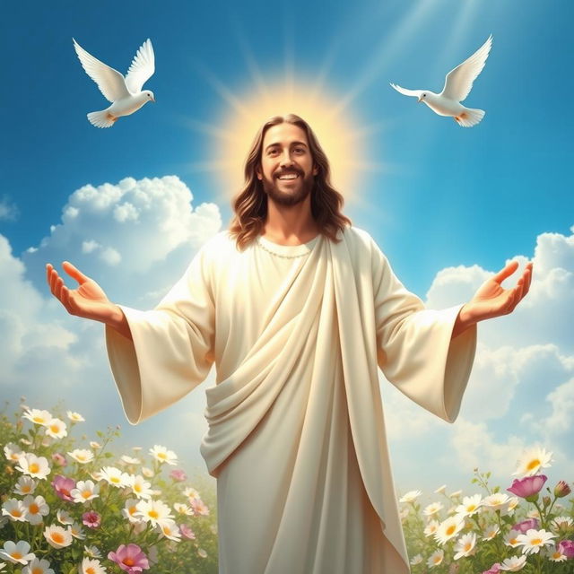 A serene and uplifting scene of Jesus Christ with open arms, radiating warmth and kindness, standing in a beautiful landscape filled with blooming flowers and gentle sunlight