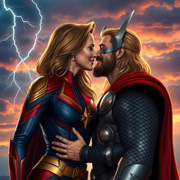A romantic scene depicting Captain Marvel and Thor sharing a passionate kiss
