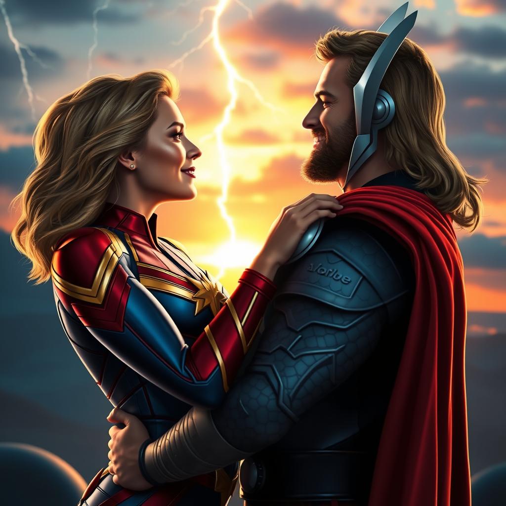 A romantic scene depicting Captain Marvel and Thor sharing a passionate kiss