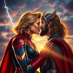 A romantic scene depicting Captain Marvel and Thor sharing a passionate kiss