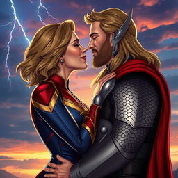 A romantic scene depicting Captain Marvel and Thor sharing a passionate kiss