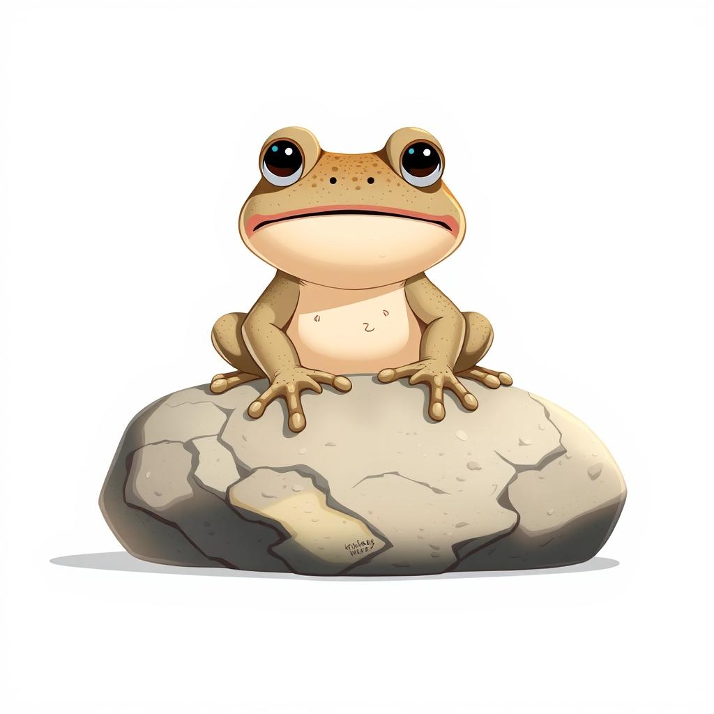 A Disney-style illustration of a stone frog sitting on a large rock, facing forward