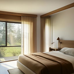 Cozy and modern bedroom interior with neutral tones, wooden furnishings, and a large window letting in natural light.