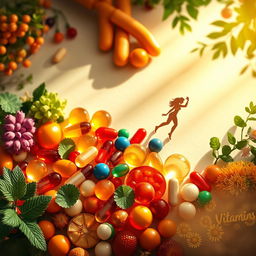 An artistic representation of essential vitamins arranged in a visually appealing manner, including bright, colorful capsules, tablets, and natural sources such as fruits and vegetables
