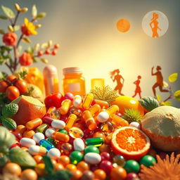 An artistic representation of essential vitamins arranged in a visually appealing manner, including bright, colorful capsules, tablets, and natural sources such as fruits and vegetables