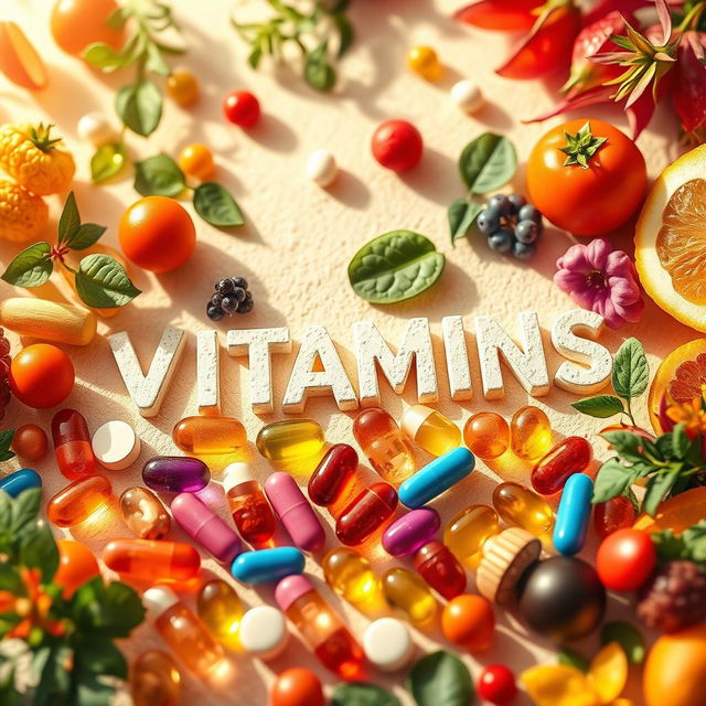 An artistic representation of essential vitamins arranged in a visually appealing manner, including bright, colorful capsules, tablets, and natural sources such as fruits and vegetables