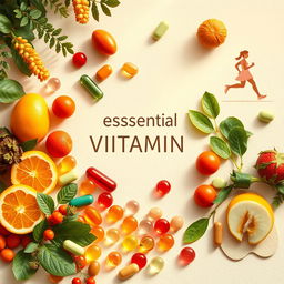 An artistic representation of essential vitamins arranged in a visually appealing manner, including bright, colorful capsules, tablets, and natural sources such as fruits and vegetables