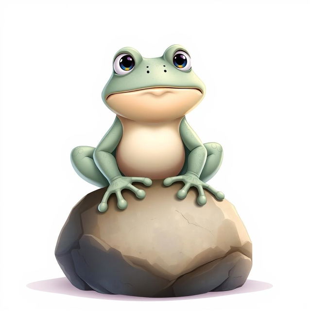 A Disney-style illustration of a frog that has been transformed into stone, sitting on a large rock, facing forward