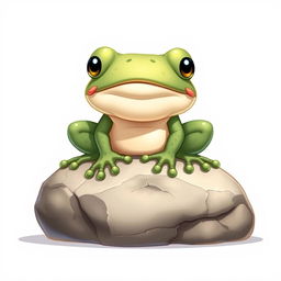 A Disney-style illustration of a frog that has been transformed into stone, sitting on a large rock, facing forward
