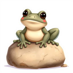 A Disney-style illustration of a frog that has been transformed into stone, sitting on a large rock, facing forward
