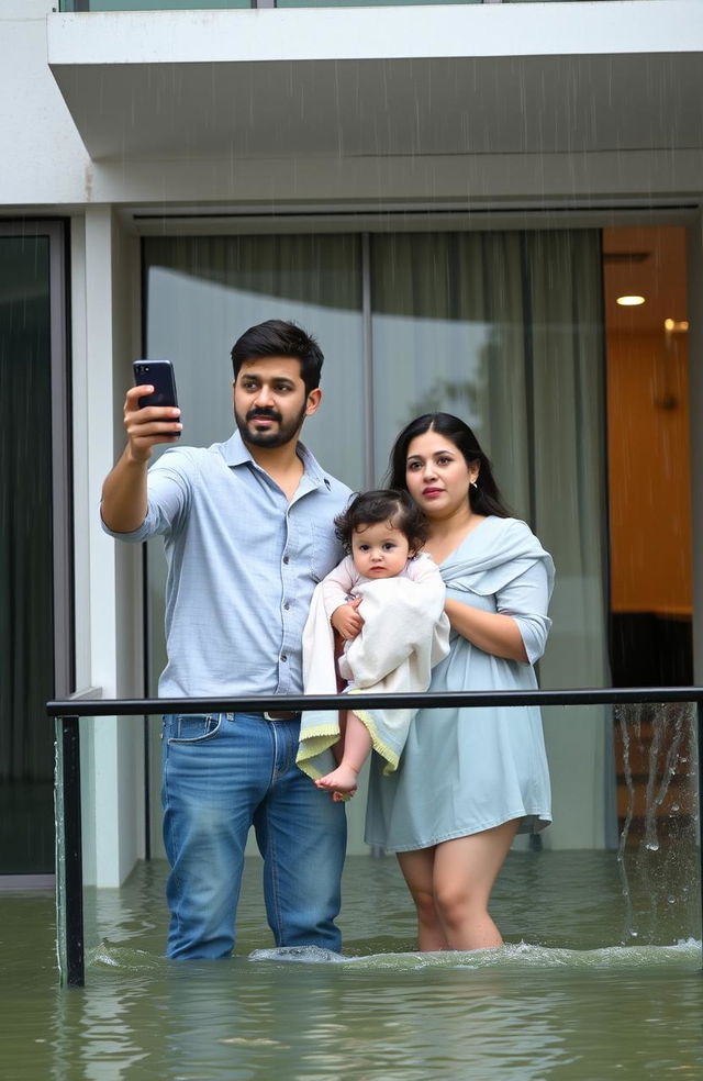 A family of three standing on the balcony of a modern apartment, surrounded by flood water due to heavy rain