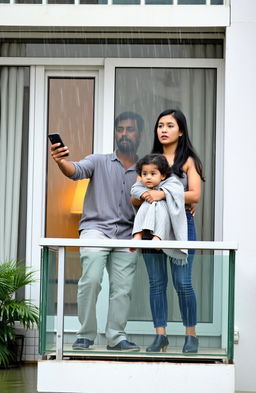 A family of three standing on the balcony of a modern apartment, surrounded by flood water due to heavy rain