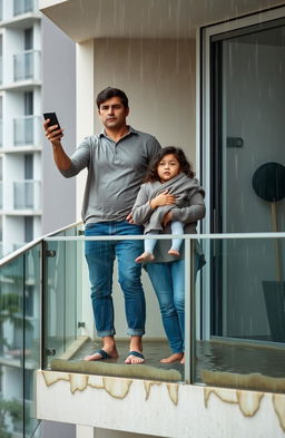 A family of three standing on the balcony of a modern apartment, surrounded by flood water due to heavy rain