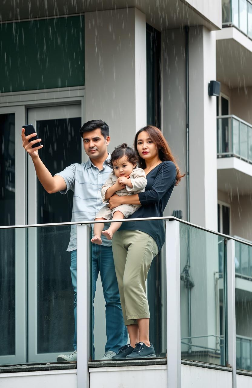 A family of three standing on the balcony of a modern apartment, surrounded by flood water due to heavy rain