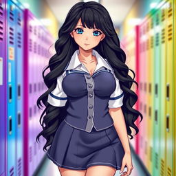 A stunning girl with long, wavy black hair and captivating blue eyes, showcasing an impressive figure with a large bust, a tiny waist, and thick thighs
