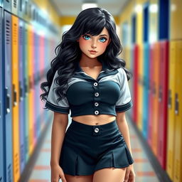A stunning girl with long, wavy black hair and captivating blue eyes, showcasing an impressive figure with a large bust, a tiny waist, and thick thighs