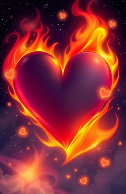 A surreal and vibrant illustration of a heart on fire, symbolizing passionate love