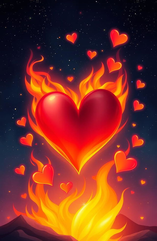 A surreal and vibrant illustration of a heart on fire, symbolizing passionate love