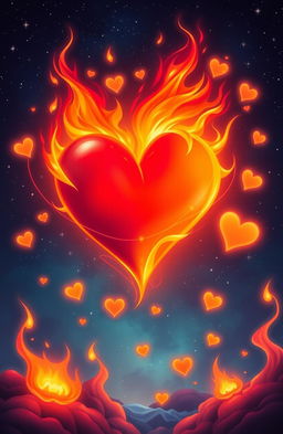 A surreal and vibrant illustration of a heart on fire, symbolizing passionate love