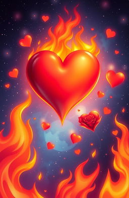A surreal and vibrant illustration of a heart on fire, symbolizing passionate love