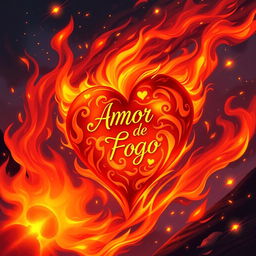 A captivating illustration of a heart named 'Amor de Fogo' engulfed in flames, representing a fiery romantic passion