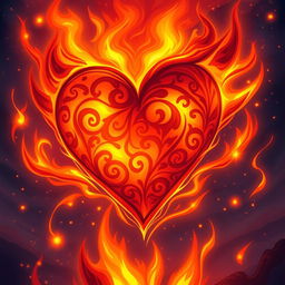 A captivating illustration of a heart named 'Amor de Fogo' engulfed in flames, representing a fiery romantic passion