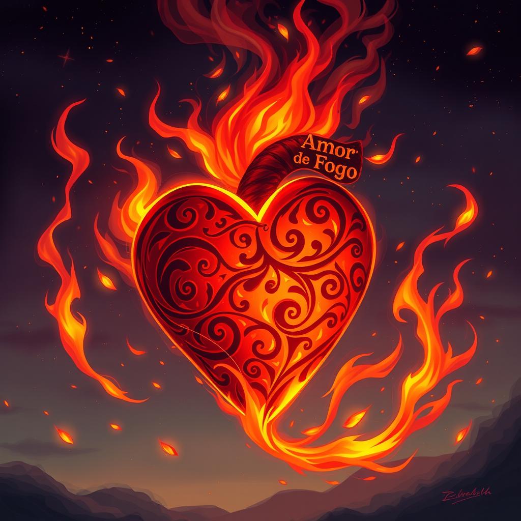 A captivating illustration of a heart named 'Amor de Fogo' engulfed in flames, representing a fiery romantic passion