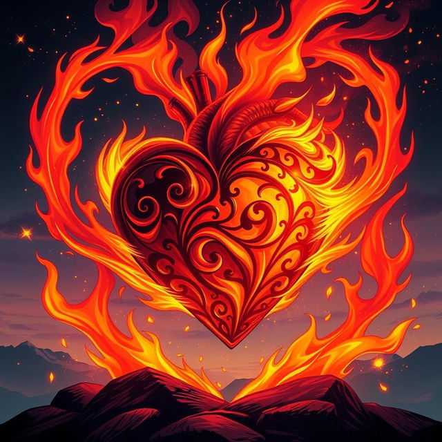 A captivating illustration of a heart named 'Amor de Fogo' engulfed in flames, representing a fiery romantic passion