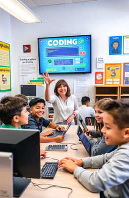 A colorful, engaging classroom scene designed for middle school students learning Informatics