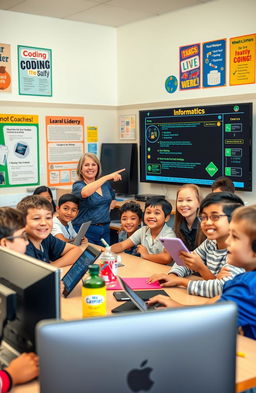 A colorful, engaging classroom scene designed for middle school students learning Informatics