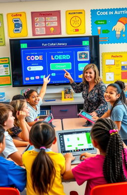 A colorful, engaging classroom scene designed for middle school students learning Informatics