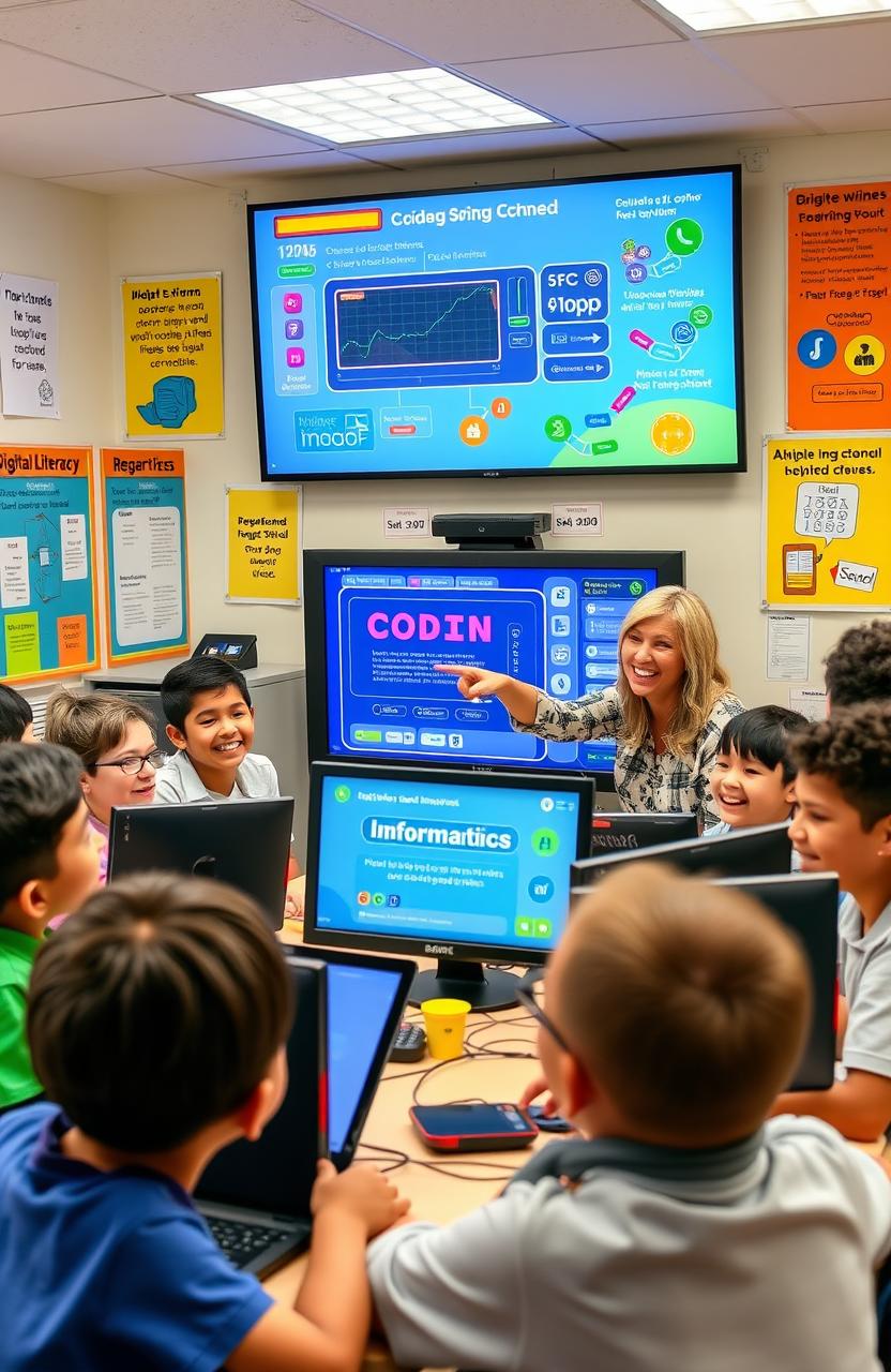 A colorful, engaging classroom scene designed for middle school students learning Informatics