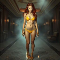 A full body view of a thin Russian girl with red hair featuring enhancements that give her a round appearance, positioned at the center of the image