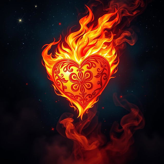 An enchanting and dynamic artwork depicting a heart symbolizing 'Amor de Fogo', vividly on fire