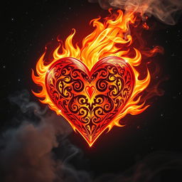 An enchanting and dynamic artwork depicting a heart symbolizing 'Amor de Fogo', vividly on fire