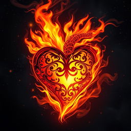 An enchanting and dynamic artwork depicting a heart symbolizing 'Amor de Fogo', vividly on fire