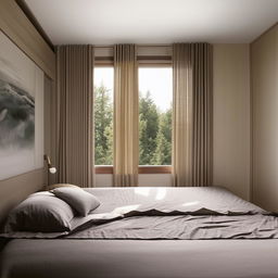 Cozy and modern bedroom interior with neutral tones, wooden furnishings, and a large window letting in natural light.