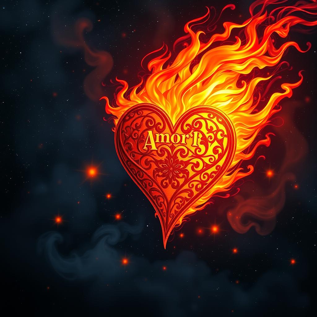 An enchanting and dynamic artwork depicting a heart symbolizing 'Amor de Fogo', vividly on fire