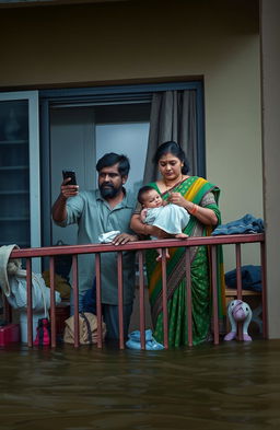 A South Indian family depicted in a dramatic scene on an apartment balcony, which is surrounded by rising floodwaters